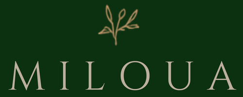 Gold botanical sprig on a deep green background with word MILOUA