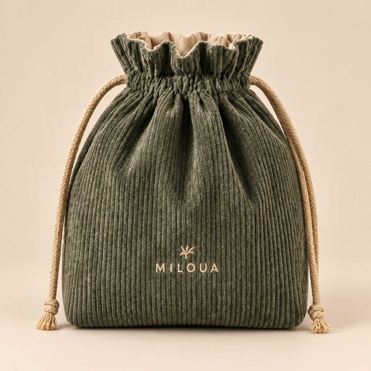 An olive green corduroy drawstring pouch with a beige interior lining and beige rope drawstrings, featuring the brand name 'MILOUA' printed in gold on the front, set against a solid beige background.