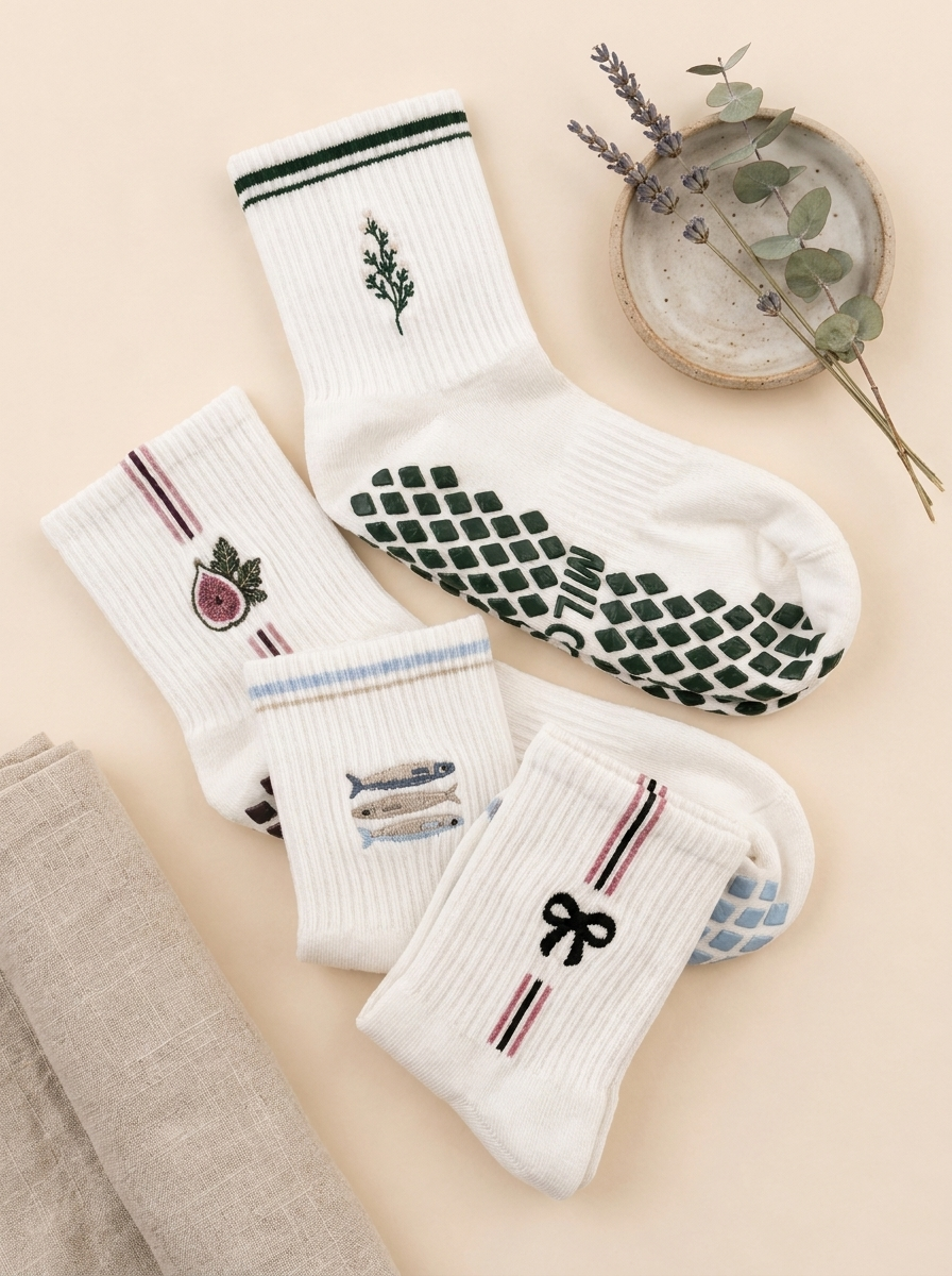 Miloua socks styled on soft cream fabric