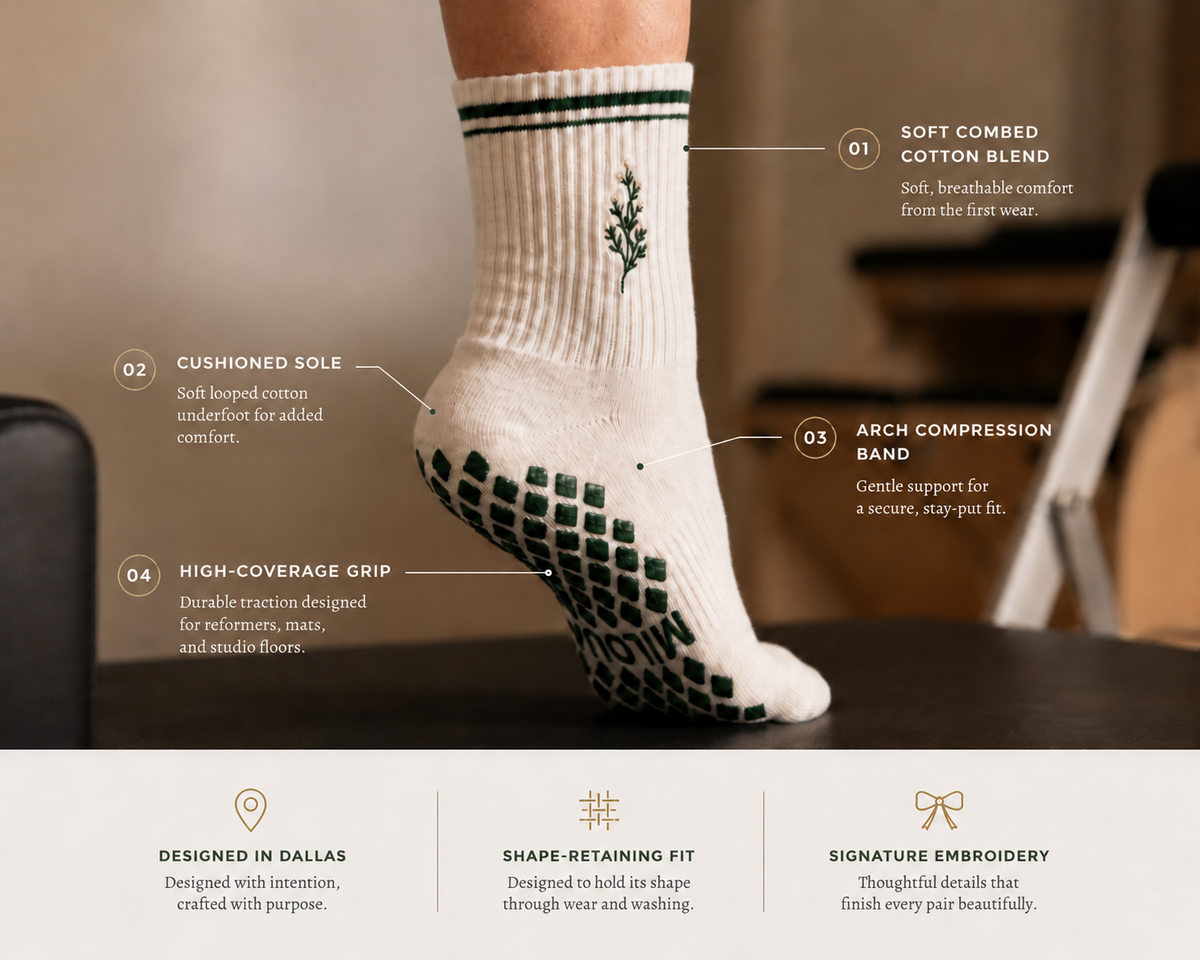 Close-up of Miloua grip sock worn on a Pilates reformer